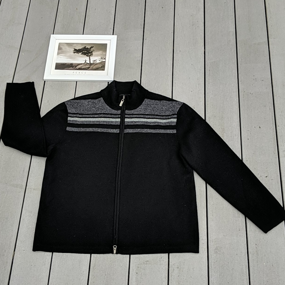 ALFANI BLACK ZIP FRONT WOOL BLEND SWEATER, SZ L.